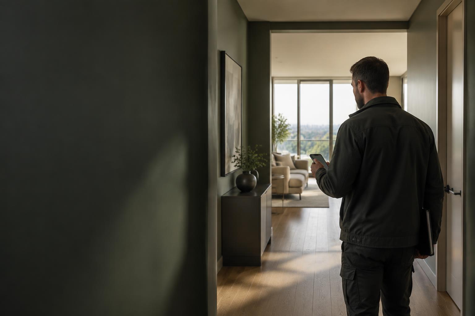 Inspector documenting an apartment walkthrough on a phone